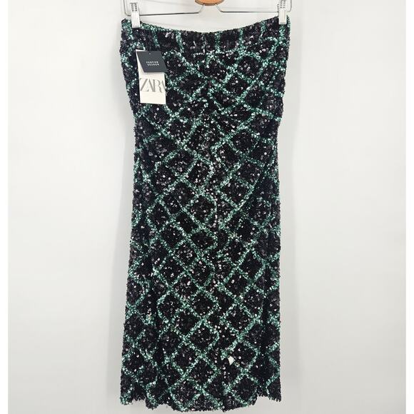 Zara Black Sequin midi skirt holiday gala Christmas formal slit - Picture 7 of 12